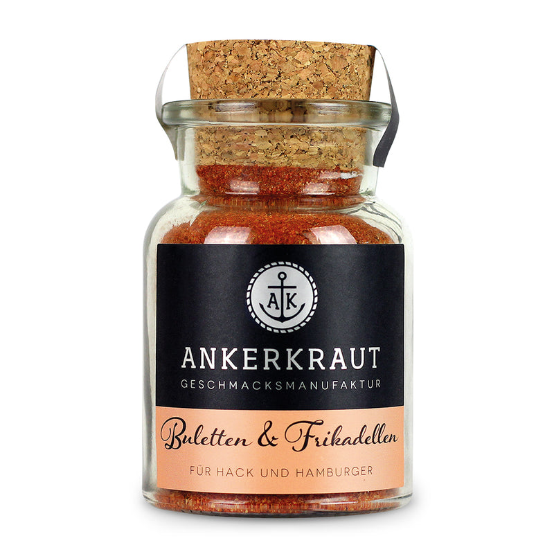 Buletten und Frikadellen von Ankerkraut im Korkenglas auf weißem Hintergrund.