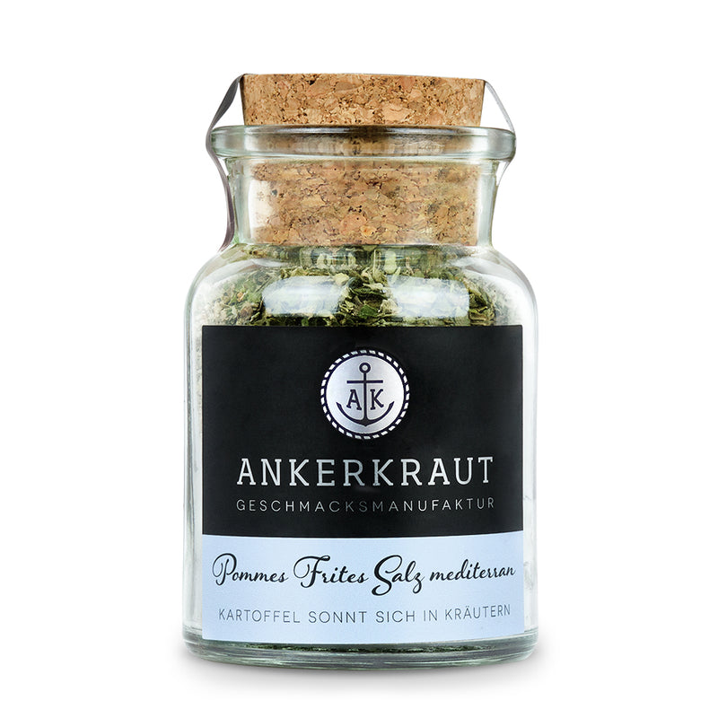 Pommes Frites Salz Mediterran von Ankerkraut im Korkenglas auf weißem Hintergrund.