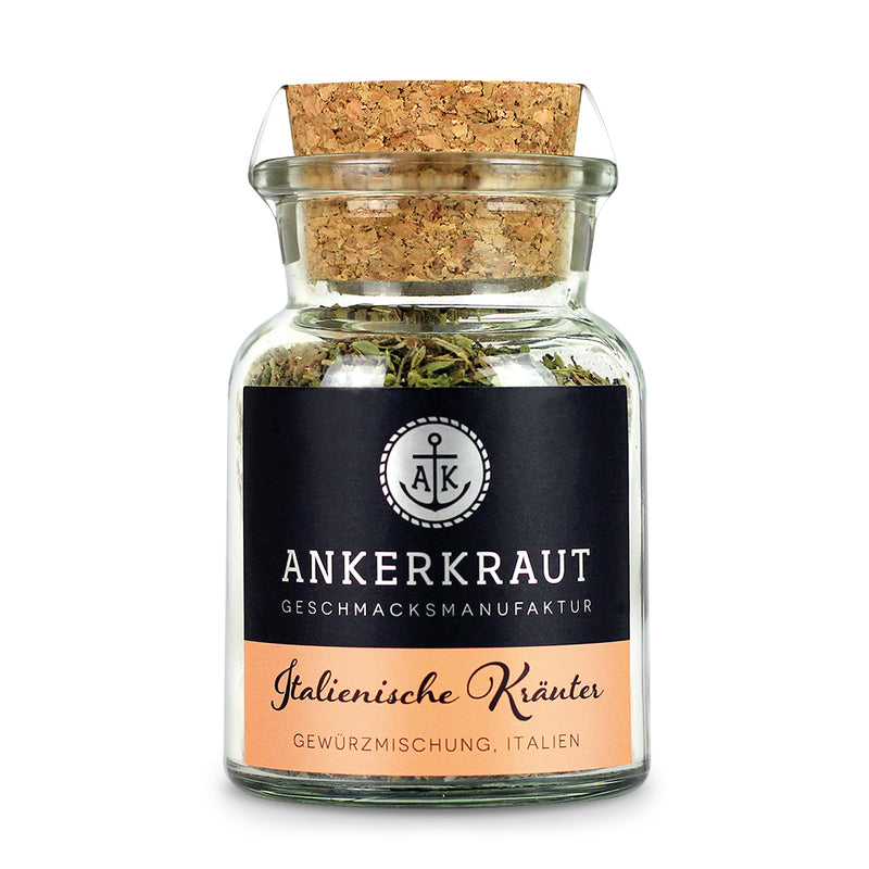 Italienische Kräuter von Ankerkraut im Korkenglas auf weißem Hintergrund.