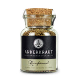 Kreuzkümmel Gewürz von Ankerkraut im Korkenglas auf weißem Hintergrund.