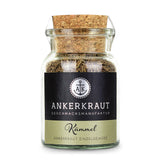 Kümmel Gewürz von Ankerkraut im Korkenglas auf weißem Hintergrund.