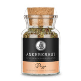 Pizzagewürz von Ankerkraut im Korkenglas auf weißem Hintergrund.