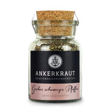 Schwarzer Pfeffer von Ankerkraut im Korkenglas auf weißem Hintergrund.