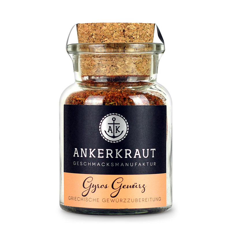 Gyros Gewürz von Ankerkraut im Korkenglas auf weißem Hintergrund.